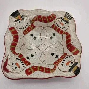 NWT Grasslands Road Square Very Merry Snowman Bowl Microwaveable Handmade